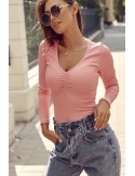 Ribbed bodysuit with ruffled front, pink FG597 - Online store - Boutique